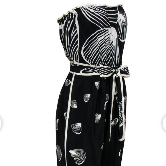Tibi Black White Seashell Printed Strapless Silk Jumpsuit
